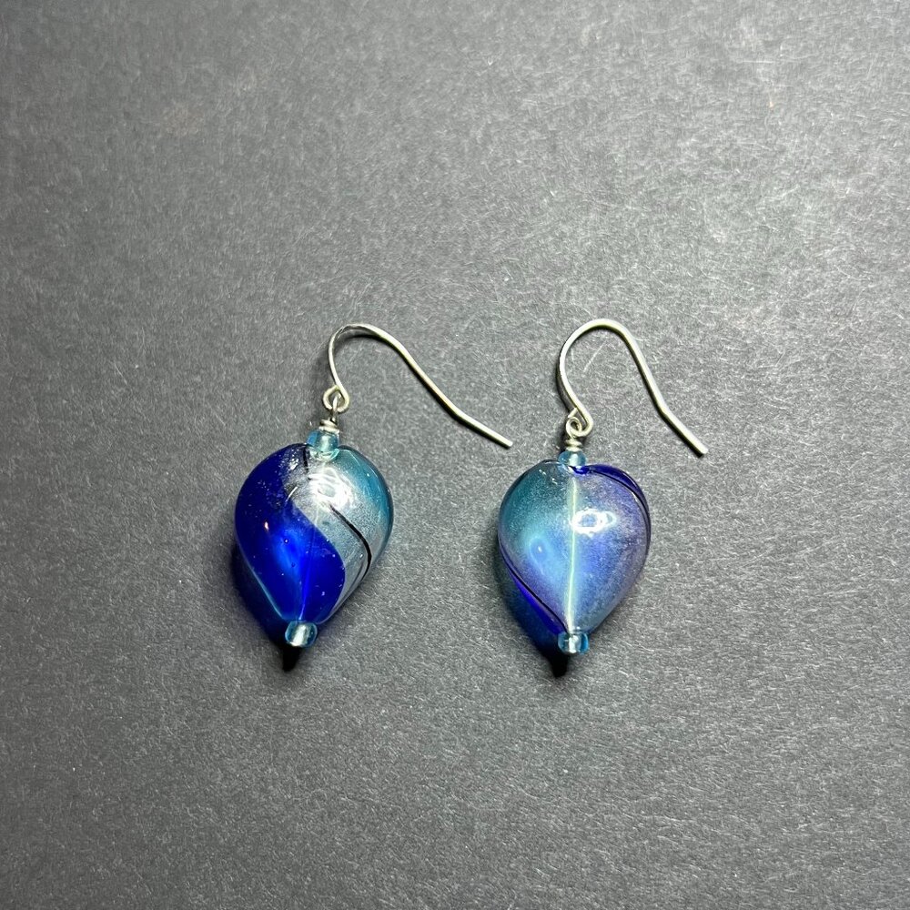 Vintage Murano Style Blue Spiral Swirl Hand Blown Art Glass Dangle Drop Earrings